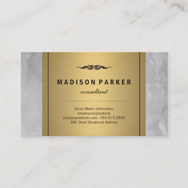 Gray Watercolor Brushed Elegant Faux Gold Label Business Card (Front)