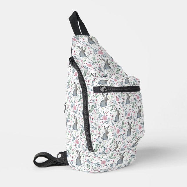Gray Watercolor Bunny Pattern Sling Bag (Left Corner)