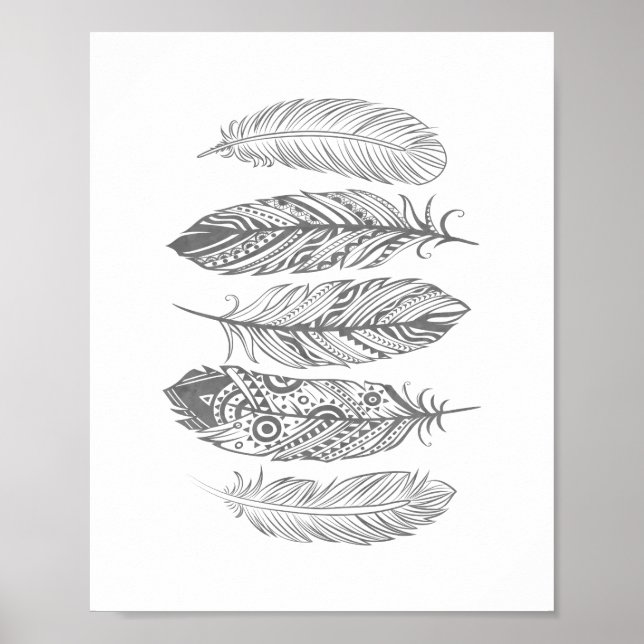 Gray Watercolor Feather Tribal Print Poster (Front)