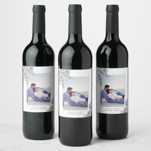 Gray watercolor flowers and photo wine label