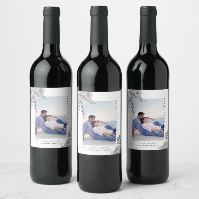 Gray watercolor flowers and photo wine label (Bottles)