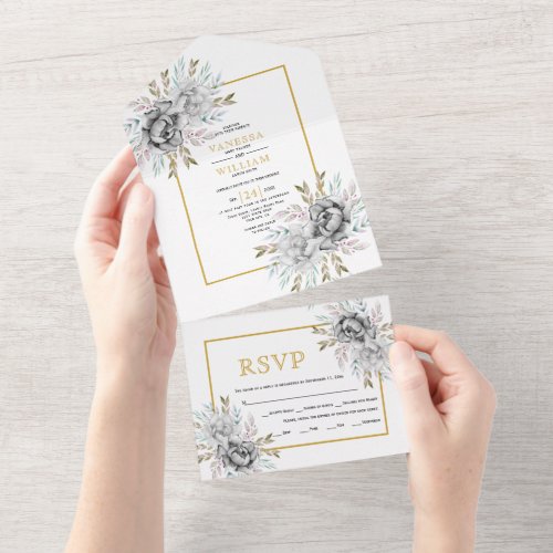 Gray watercolor flowers gold frame wedding   all in one invitation