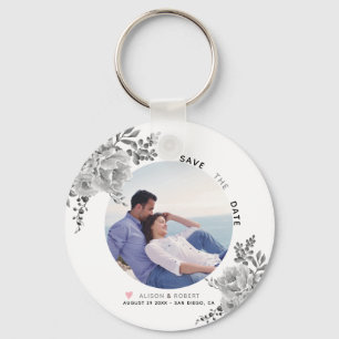 Gray watercolor flowers, green leaves photo keychain