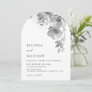 Gray Watercolor Flowers White Arched Wedding Invitation