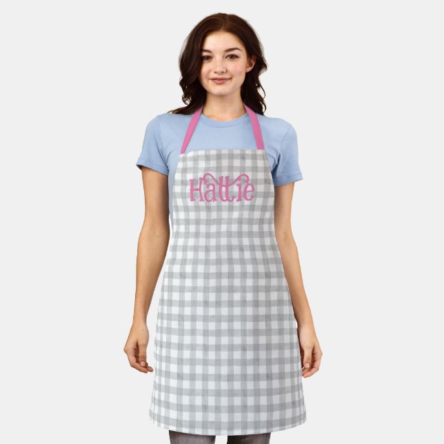 Gray Watercolor Gingham Personalized Apron (Worn)