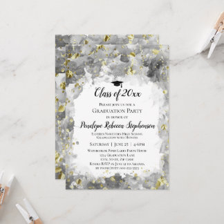 Gray Watercolor Gold Splatter Graduation Party Invitation