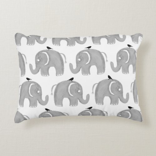 Gray watercolor hand painted elephant black birds accent pillow