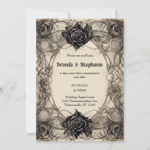 Gray Watercolor Ink Roses Vintage Goth Wedding Invitation