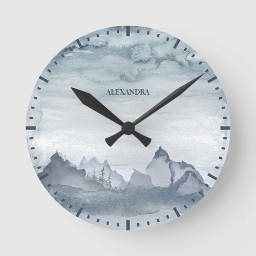 Gray Watercolor Landscape Woodland Custom Name Round Clock