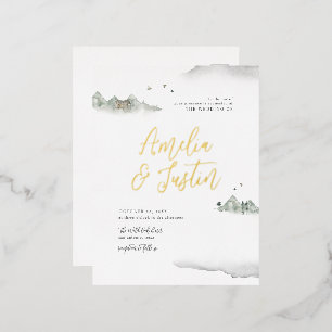 Gray Watercolor Mountain Destination Wedding Foil Invitation Postcard