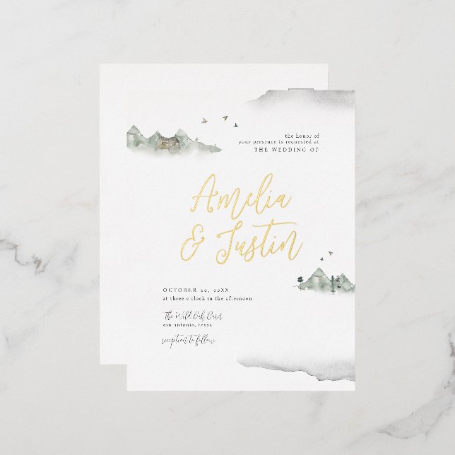 Gray Watercolor Mountain Destination Wedding Foil Invitation Postcard (Front/Back)