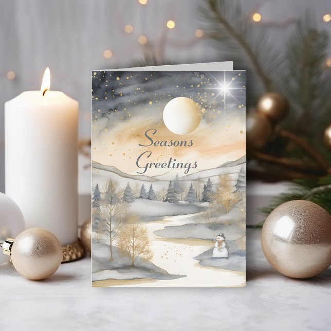Gray Watercolor Mountain River Snowman Christmas Card (Creator Uploaded)