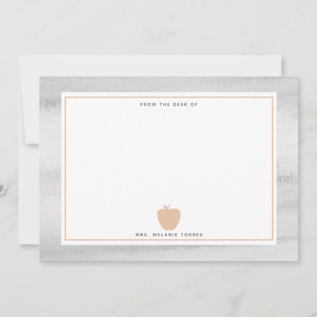 Gray Watercolor Peach Apple Teacher Note Card (Front)