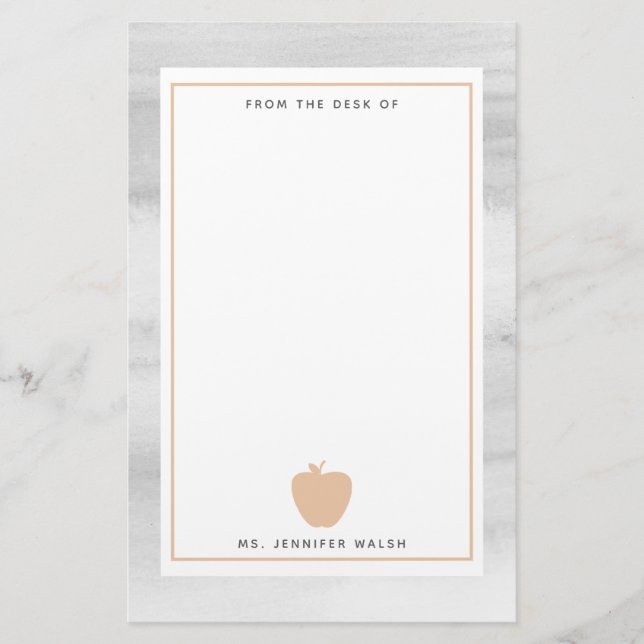 Gray Watercolor Peach Apple Teacher Personalized Stationery (Front)