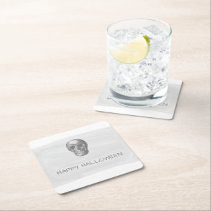 Gray Watercolor Skull Halloween Paper Coasters