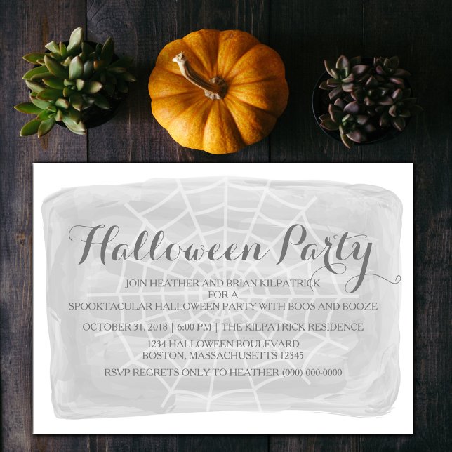 Gray Watercolor Spider Web Halloween Party Invite (Gray Watercolor Spiderweb Halloween Party Invite)