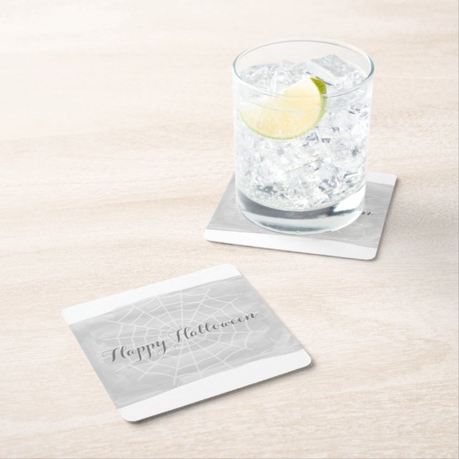 Gray Watercolor Spider Web Halloween Square Paper Coaster (Insitu)