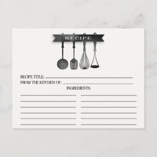 Gray Watercolor Utensils Bridal Shower Recipe Card