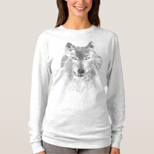 Gray Watercolor Wolf Long Sleeve T_Shirt