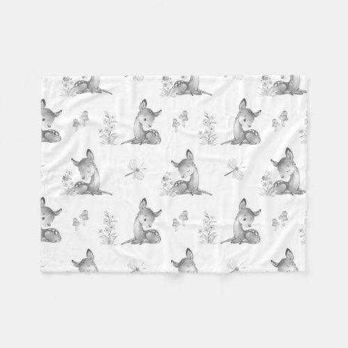 Gray Watercolor Woodland Animals Deer Baby Girl Fleece Blanket