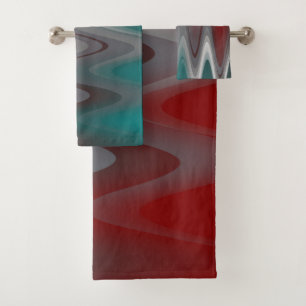 Gray waves on burgundy teal bath towel set