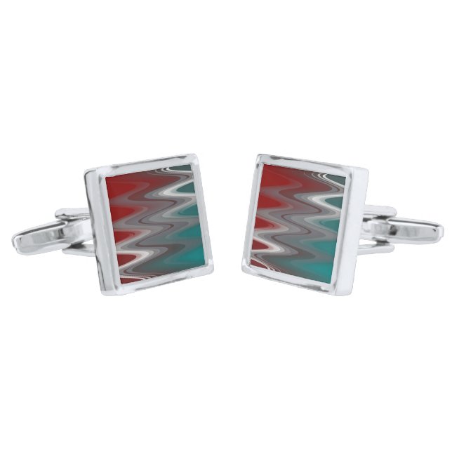 Gray waves on burgundy teal cufflinks (Angled)