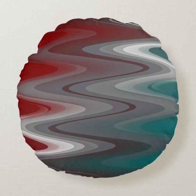 Gray waves on burgundy teal round pillow (Front)