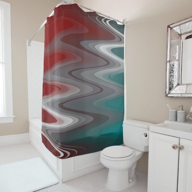 Gray waves on burgundy teal shower curtain (In Situ)
