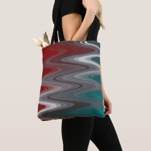 Gray waves on burgundy teal tote bag