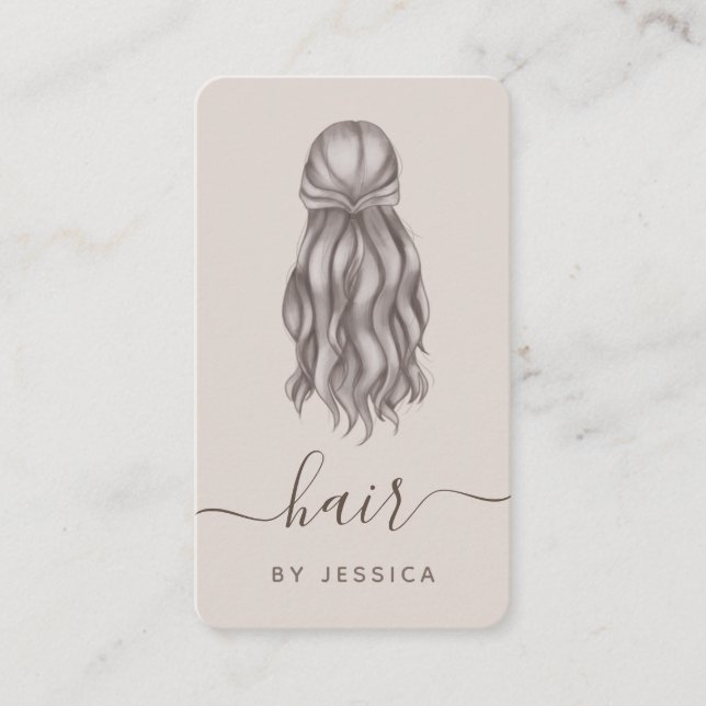 Gray Wavy Hair Hairstylist Add Logo & Social Media Business Card (Front)
