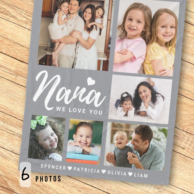 Gray We Love You Nana Grandkids 6 Photo Collage  Fleece Blanket (Creator Uploaded)