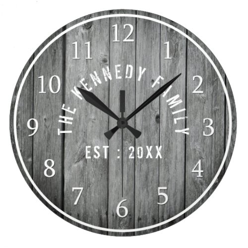 Gray Weathered Wood Farmhouse Family Name Large Clock