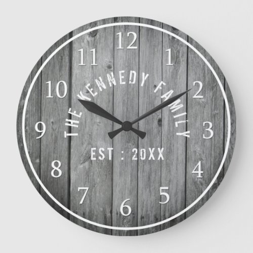 Gray Weathered Wood Farmhouse Family Name Large Clock