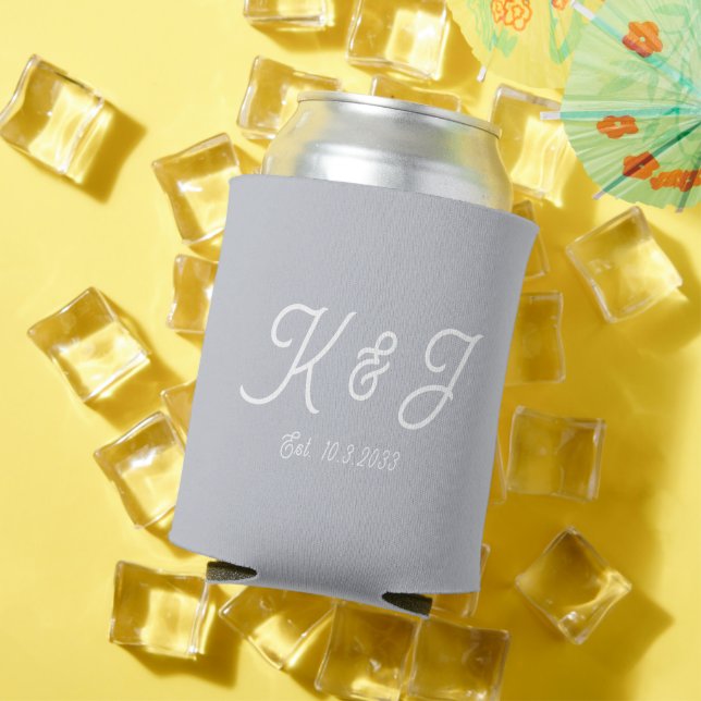 Gray Wedding Favor Monogrammed Can Cooler (In Situ Summer)