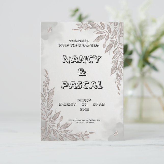 Gray wedding invitation featuring floral elements (Standing Front)