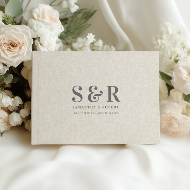 Gray Wedding Monogram Beige Linen Guest Book (Creator Uploaded)