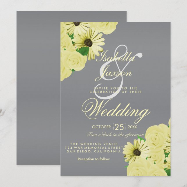 Gray Wedding Satin and Pastel Yellow Wedding Invitation (Front/Back)