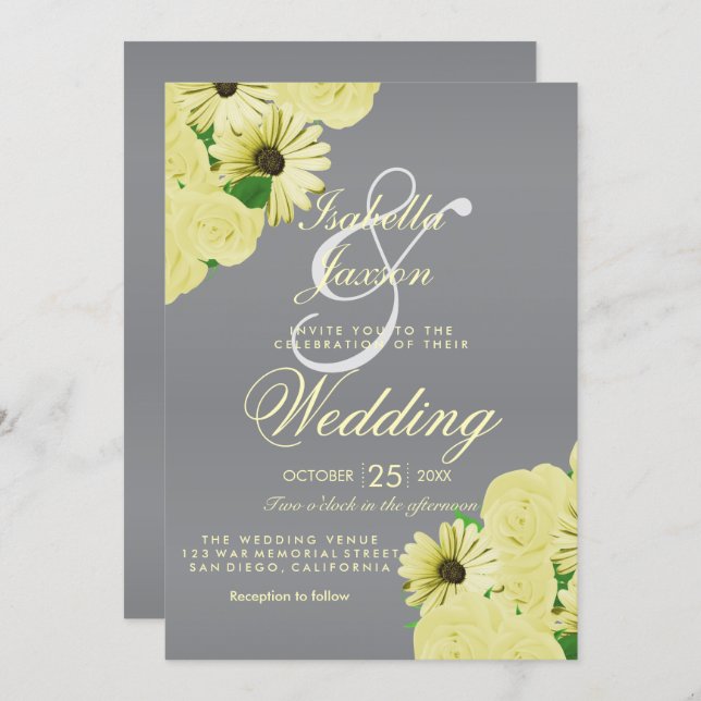 Gray Wedding Satin and Pastel Yellow Wedding Invitation (Front/Back)