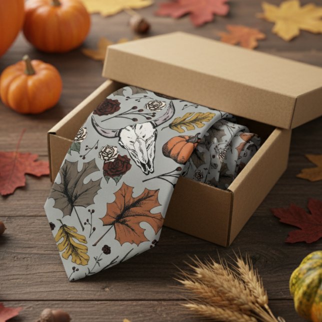 Gray Western Bull Skull Country Neck Tie (Modern Gray Thanksgiving Foliage Mens Tie. Fall Harvest, Cow Skull, Leaves Pattern in Autumn Colors.)