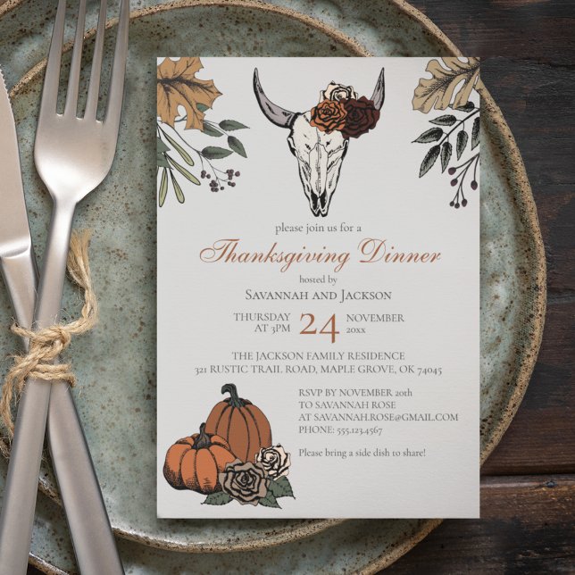 Gray Western Thanksgiving Cow Skull Fall Harvest Invitation (Western Thanksgiving Dinner Invite. Hand-Drawn Cow Skull, Pumpkins, Roses, Autumn Leaves & Berries.)