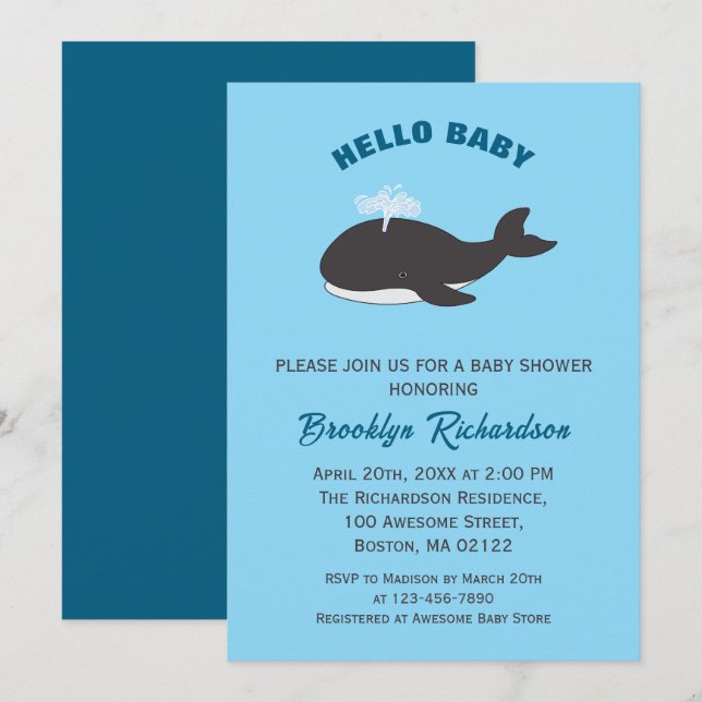 Gray Whale Blue Under The Sea Hello Baby Shower Invitation (Front/Back)