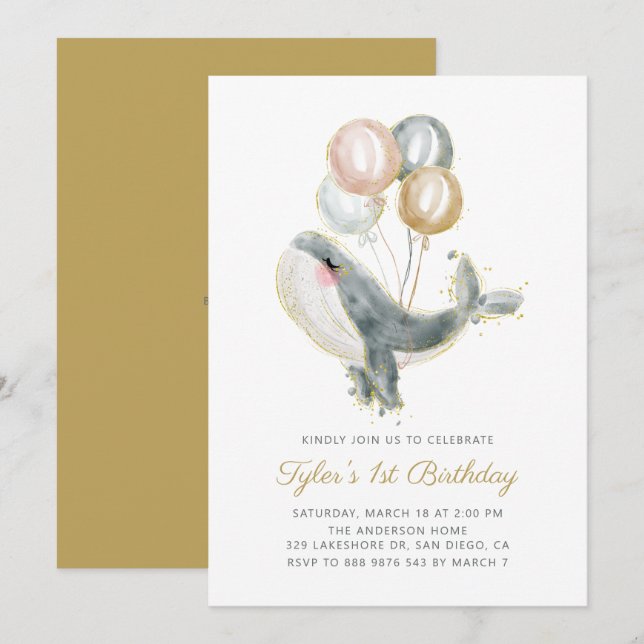 Gray Whale Gold Glitter First Birthday Party Invitation (Front/Back)
