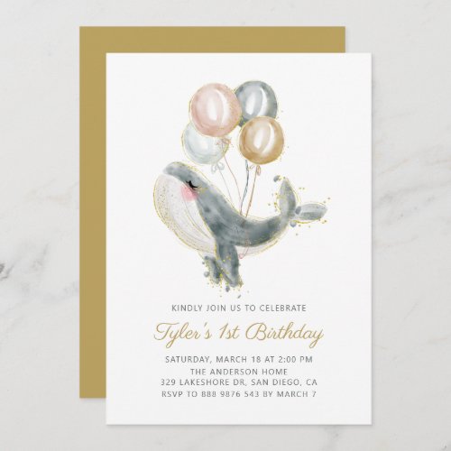 Gray Whale Gold Glitter First Birthday Party Invitation