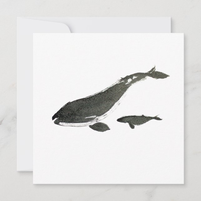 Gray whale mom and baby sumie ink painting holiday card (Front)