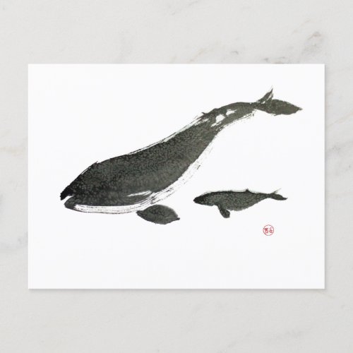 Gray whale mom and baby sumie ink painting holiday postcard