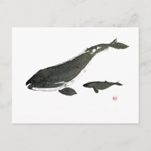 Gray whale mom and baby sumie ink painting postcard