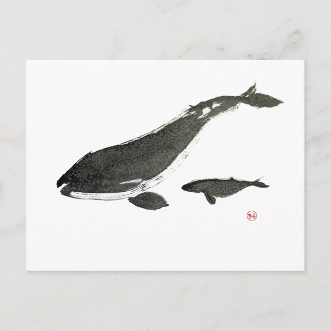 Gray whale mom and baby sumie ink painting postcard (Front)