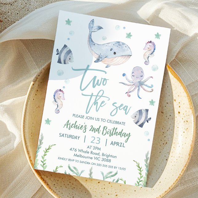 Gray Whale Two the Sea 2nd Birthday Invitation (Boys TWO the Sea 2nd Birthday Party Invitation, Cute Whale Under the Sea Second birthday Invite )