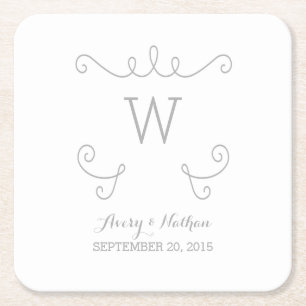 Gray Whimsical Flourish Monogram Paper Coasters