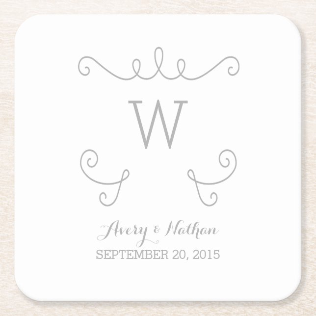 Gray Whimsical Flourish Monogram Paper Coasters (Front)